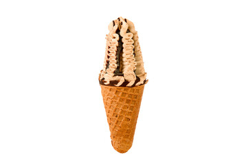 Chocolate ice cream in waffle cone isolated on white .