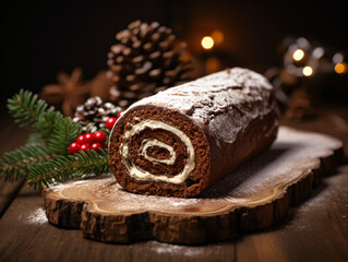 Chocolate Yule log cake dusted with powdered sugar and a cream swirl, resting on a tree trunk cross-section platter on a wooden table, surrounded by Christmas decorations.
