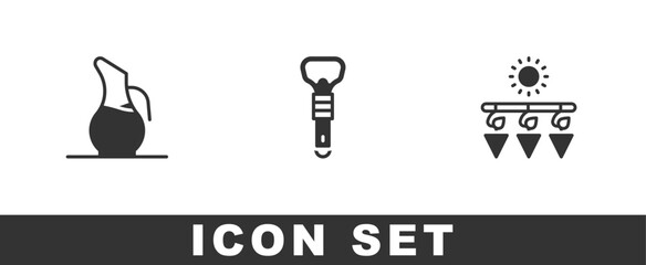 Set Decanter for wine, Bottle opener and Drying grapes icon. Vector