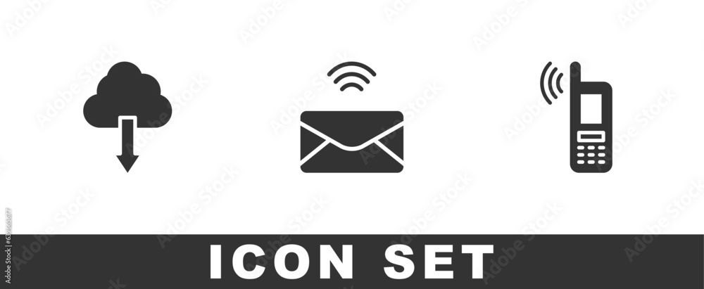 Poster set cloud download, mail and e-mail and mobile with wi-fi wireless icon. vector