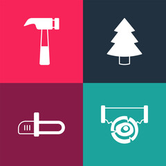 Set pop art Two-handed saw and log, Chainsaw, Christmas tree and Hammer icon. Vector