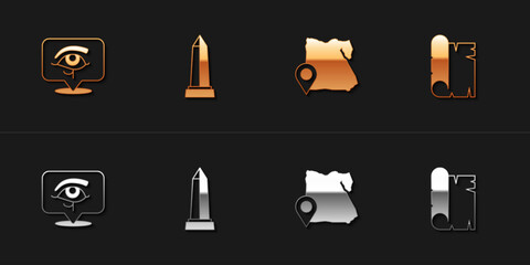 Set Eye of Horus, Obelisk Alexandria, Map Egypt and Papyrus scroll icon. Vector