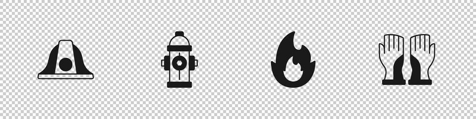 Set Firefighter helmet, hydrant, flame and gloves icon. Vector