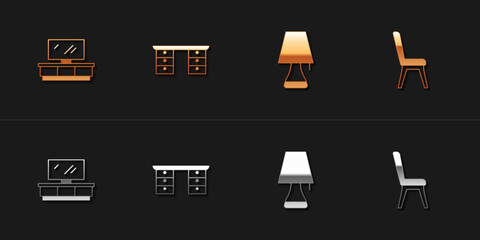 Set TV table stand, Office desk, Table lamp and Chair icon. Vector