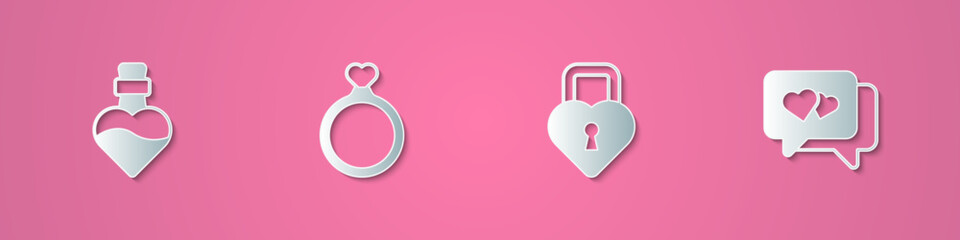 Set paper cut Bottle with love potion, Wedding rings, Castle the shape of heart and Heart speech bubble icon. Paper art style. Vector