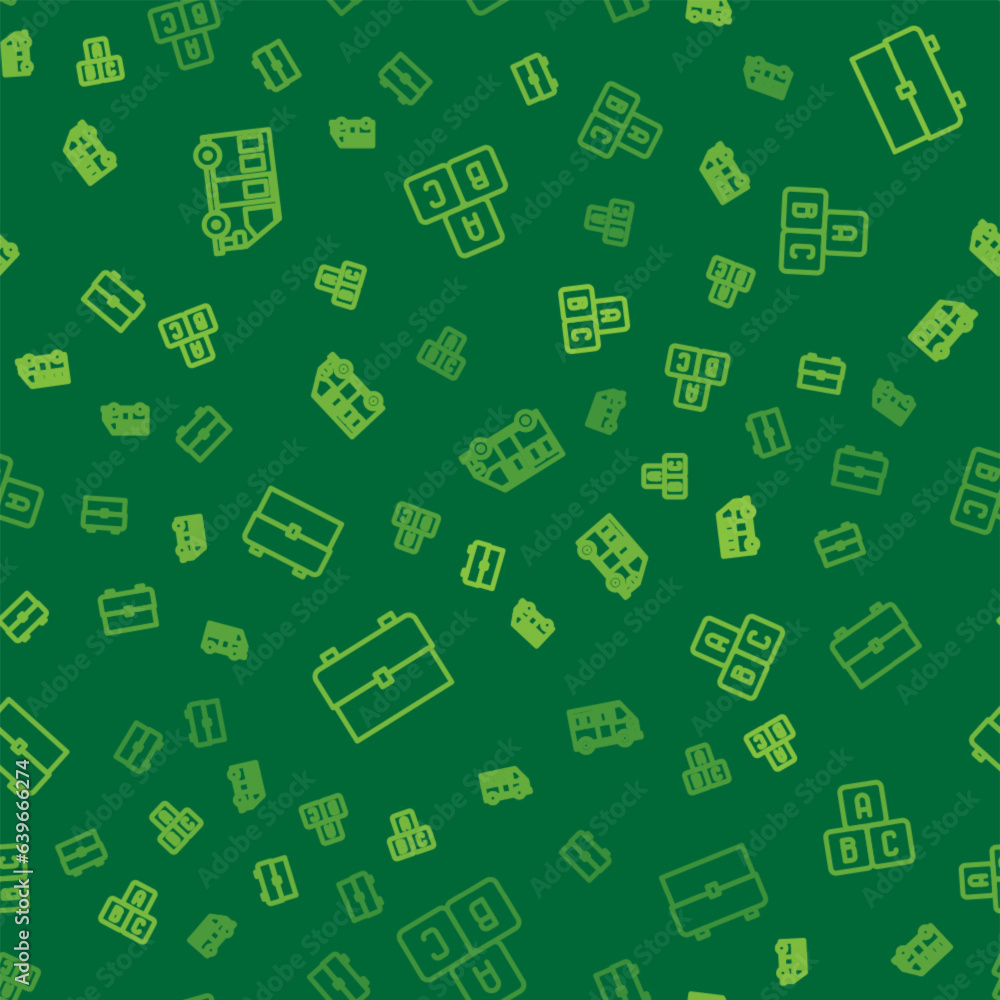 Poster set line school bus, backpack and abc blocks on seamless pattern. vector
