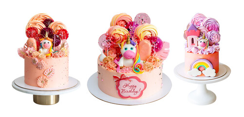 Birthday cake with cute fondant unicorn, lollipos, meringues, popsicles and chocolate flowers for a...