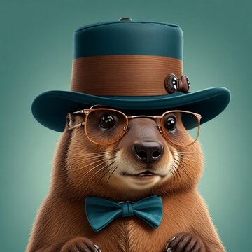 An illustration of a Beaver wearing bowlers hat and specs. plane color background, 3D generative AI images of funny wildlife animals and birds .funny animals. animal art. print on demand. POD.  