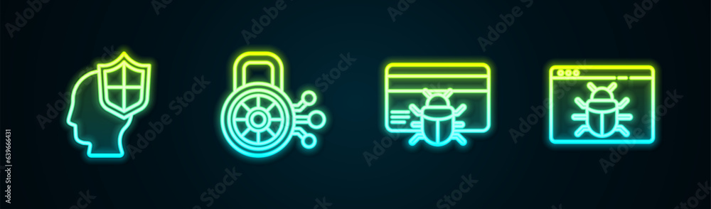 Poster set line head with shield, cyber security, system bug in credit card and . glowing neon icon. vector