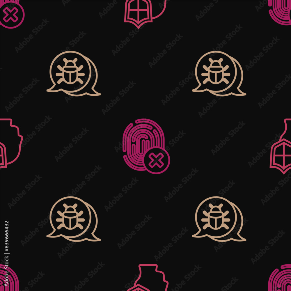 Poster set line head with shield, system bug and cancelled fingerprint on seamless pattern. vector