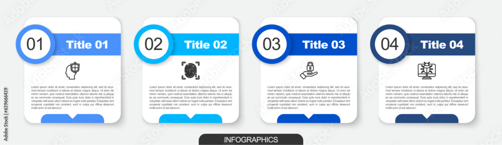 Poster set line head with shield, fingerprint, lock hand and system bug on monitor. business infographic te
