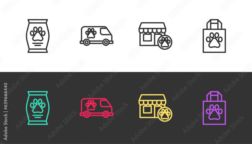 Wall mural set line bag of food, veterinary ambulance, hospital and shopping bag pet on black and white. vector