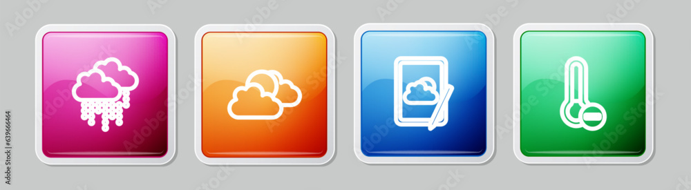Poster set line cloud with rain, sun and cloud weather, weather forecast and meteorology thermometer. color