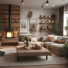  sofa and wood table against white wall with art poster | Home interior design of modern living room.