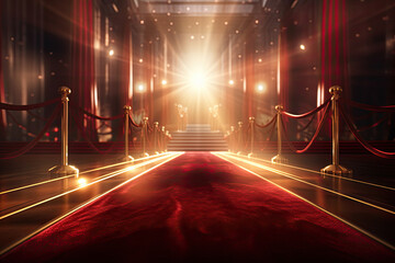 A crimson carpet unfurling ahead against the backdrop of a dazzling movie premiere scene