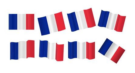 Fototapeta na wymiar Set of France waving flagged patriotic emblems isolated on white background 3d vector illustration. 8 variations wavy realistic flag as a symbol of patriotism. European Union countries flag