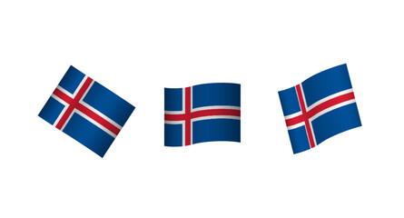 Set of Iceland waving flagged patriotic emblems isolated on white background 3d vector illustration. 8 variations wavy realistic flag as a symbol of patriotism. European Union countries flag
