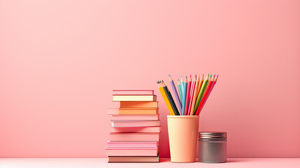 conjunto de libros junto lapiceros en portalápices de colores sobre mesa y fondo de color rosa - obrazy, fototapety, plakaty