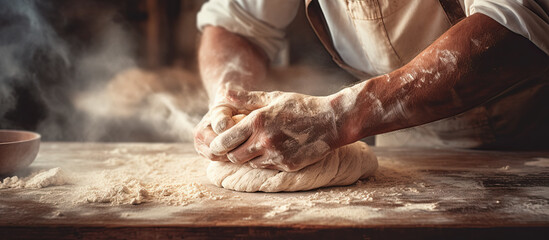 manos de panadero amasando masa para hacer pan embadurnado de harina, sobre mesa de madera, concepto de pequeño negocio