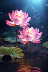 flores rosas iluminadas junto plantas acuáticas sobre pantano durante la noche