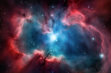 universo exterior , galaxias, nebulosa de color rojo, con  estrellas y planeta al fondo