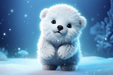 oso polar pequeño de dibujos animados blanco en pie sobre suelo nevado en la noche, con fondo azul nevando  - obrazy, fototapety, plakaty