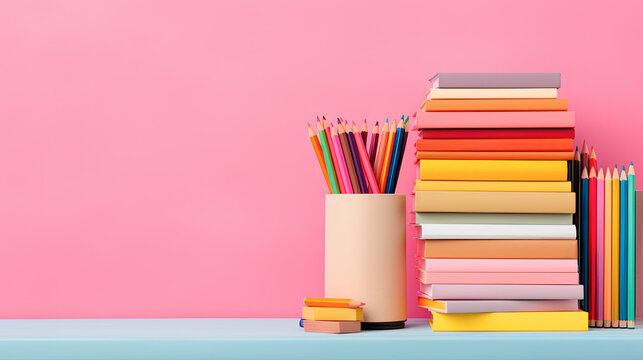 conjunto de libros junto lapiceros en portalápices de colores sobre mesa y fondo de color rosa