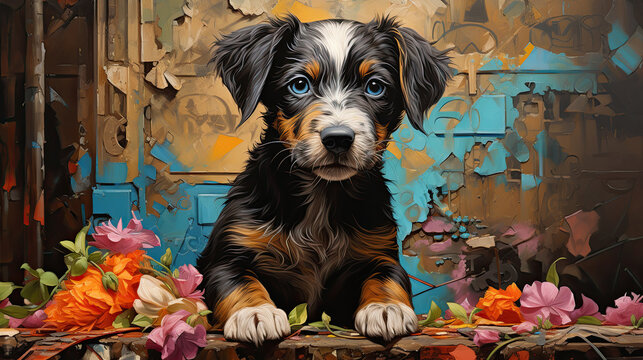  perro cachorro de color negro, marr&oacute;n y gris, sentado sobre suelo con flores naranjas, rosas y hojas verdes, sobre fondo de  pared de color azul y marr&oacute;n