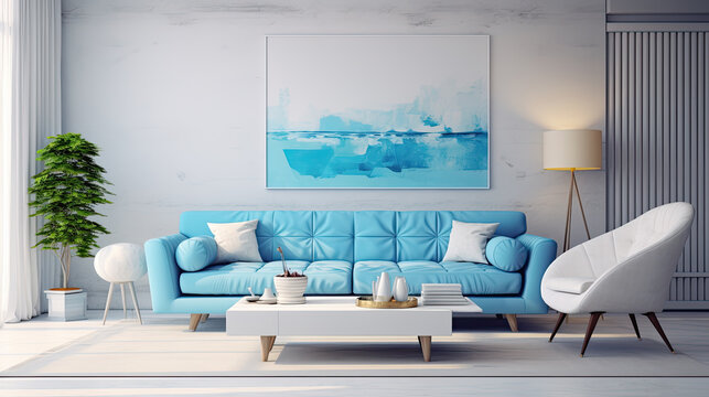 salon de vivienda decorado con sofá azul con cojines blancos, butaca blanca, mesa central y cuadro abstracto azul sobre pared blanca