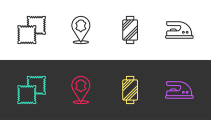 Set line Textile fabric roll, Leather, Sewing thread on spool and Electric iron on black and white. Vector