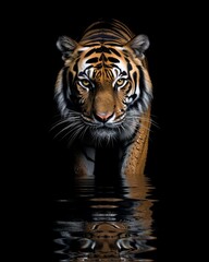 portrait of a tiger in the water on black background