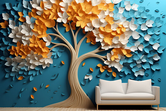 Fototapeta Colorful tree with leaves on hanging branches of blue, white and golden illustration background. 3d abstraction wallpaper for interior mural wall art decor. floral tree with multicolor leaves