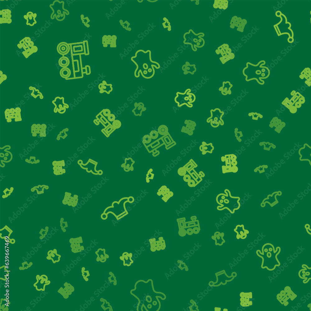 Poster set line toy train, jester hat with bells and ghost on seamless pattern. vector