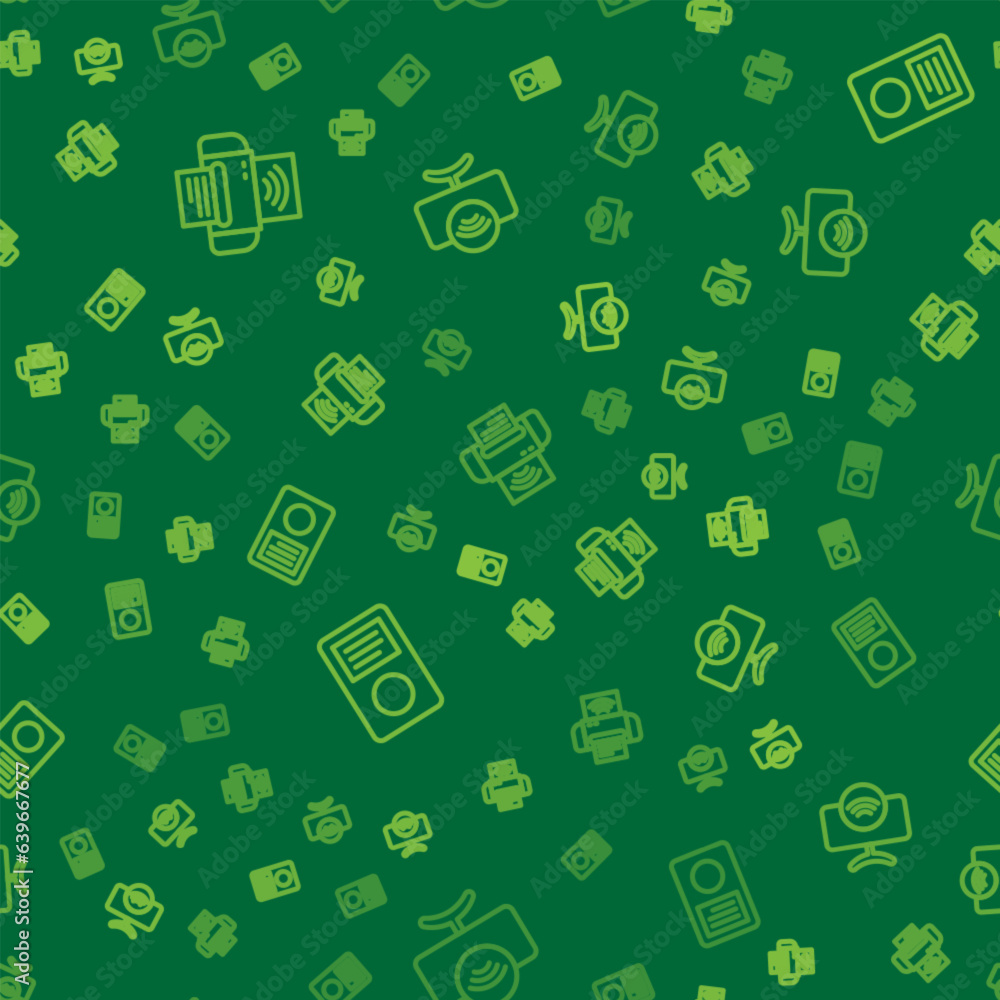 Poster set line smart printer system, music player and tv on seamless pattern. vector