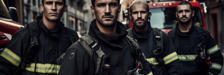 Team of firefighters wearing work uniform in city, professional photo for background banner or header, ready to extinguish fires