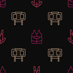 Set line Wetsuit for scuba diving, Sport mechanical scoreboard and Life jacket on seamless pattern. Vector
