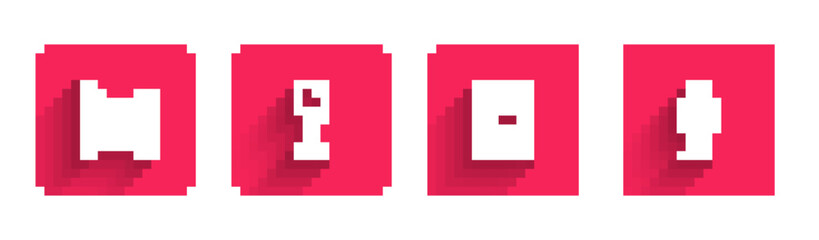 Obraz premium Set line Bunk bed, Floor lamp, Wardrobe and Mirror with long shadow. Red square button. Vector