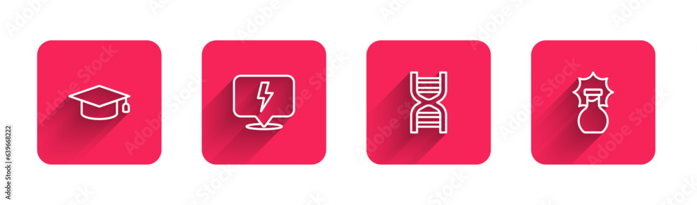 Wall mural Set line Graduation cap, Lightning bolt, DNA symbol and Explosion the flask with long shadow. Red square button. Vector - Wall murals