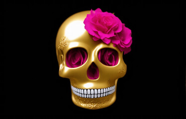 Golden Candy Skull with Pink Flowers