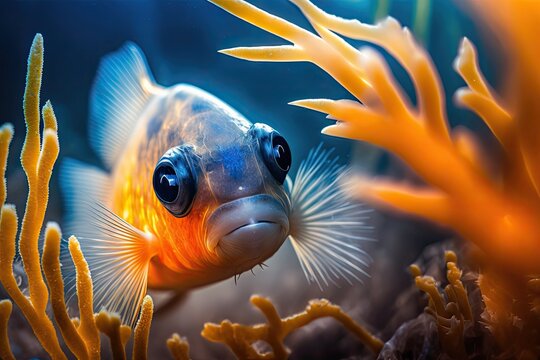 An underwater close-up of a colorful clownfish nestled among the tentacles of a sea anemone, showcasing their symbiotic relationship and stunning colors. Generative ai.