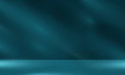 Podium, stand and deep shadow on blue or dark green wall background. Background for product. Front view. Mockup. Realistic blurred natural light leaves, palm and window shadow overlay on wallpaper