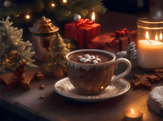 Obraz na płótnie Canvas Christmas drink, hot chocolate with marshmallows, gifts, candles, fir tree. New year greeting card, postcard, background.