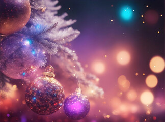 Blurred christmas background with christmas tree, balls, sparkles, shiny garland, illumination, decorations in silver and violet colors. Copyspace for new year greeeting card, postcard.