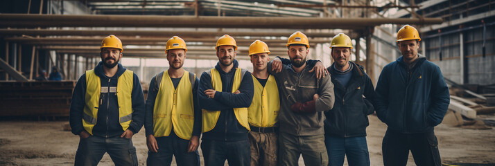 Obraz premium Professional construction workers team photo at construction site, concept of business teamwork and collaboration, background banner or header