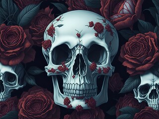 Skeleton Skull with Roses, Generative AI