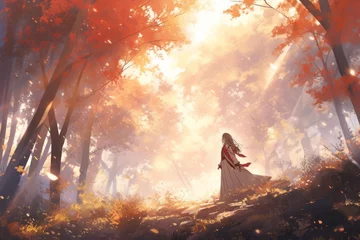 Poster Paysage fantastique Beautiful autumn forest scenery right sun female knight generative ai