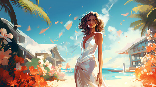 Illustration of a beautiful woman on vacation on a tropical island