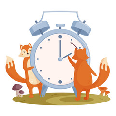 Daylight Saving Time concept. Autumn landscape with foxes, the hand of the clocks turning to winter time. Vector illustration in modern cartoon style.