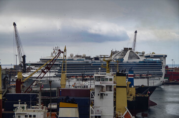 Princess cruiseship cruise ship liner Star in port of Callao, Lima in Peru with container Harbour,...