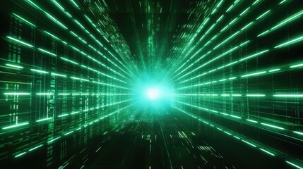 A 3D render of a hyperspace tunnel adorned with green binary code patterns. The futuristic design...